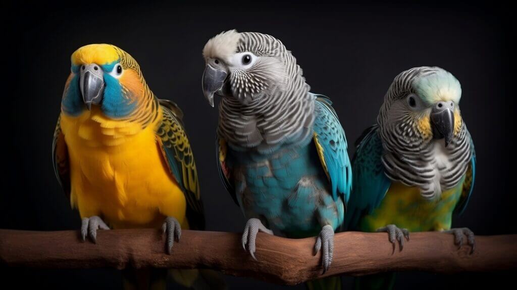 three cute pet birds